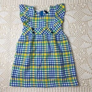 Vintage 1960s Pandora Girls 5 Blue Yellow Woven Polyester Plaid Pinafore Dress